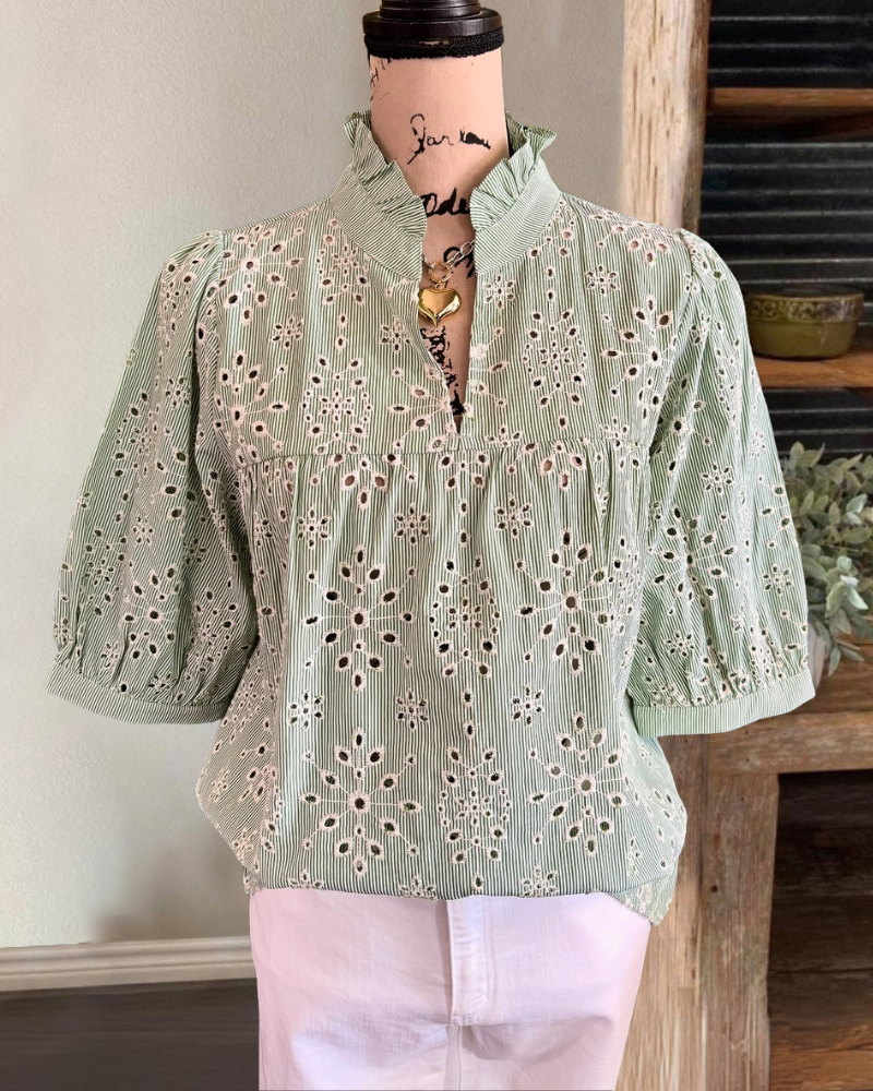 Striped Hollow Embroidered Top