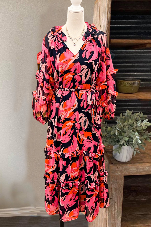 Abstract Floral Layered V-neck Midi Dress