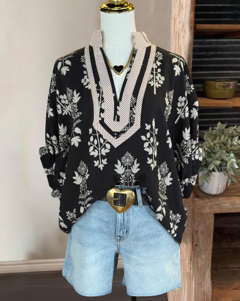Botanical Pattern V-neck Top