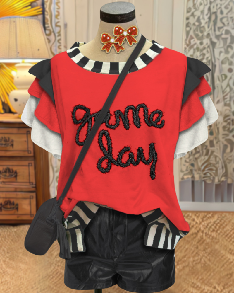 Game Day Embroidered Ruffle Top