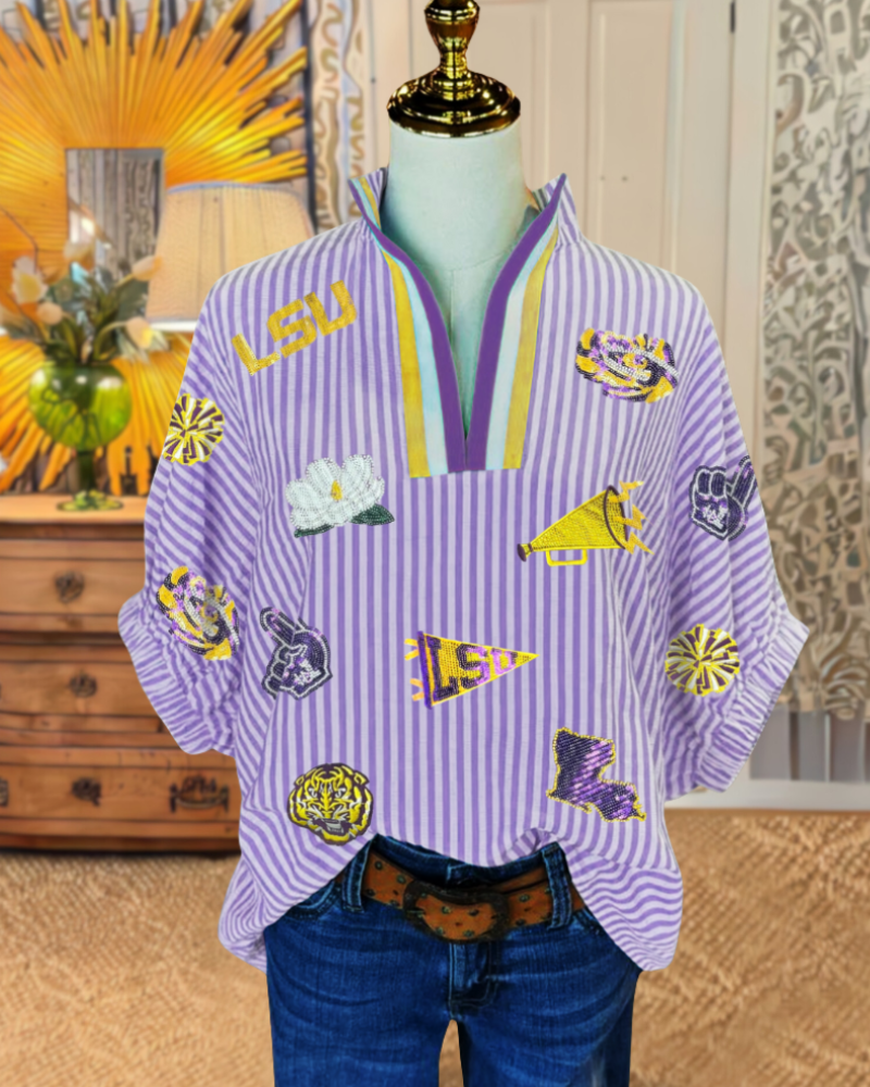 LSU Cheer Corps Embroidered Striped Top