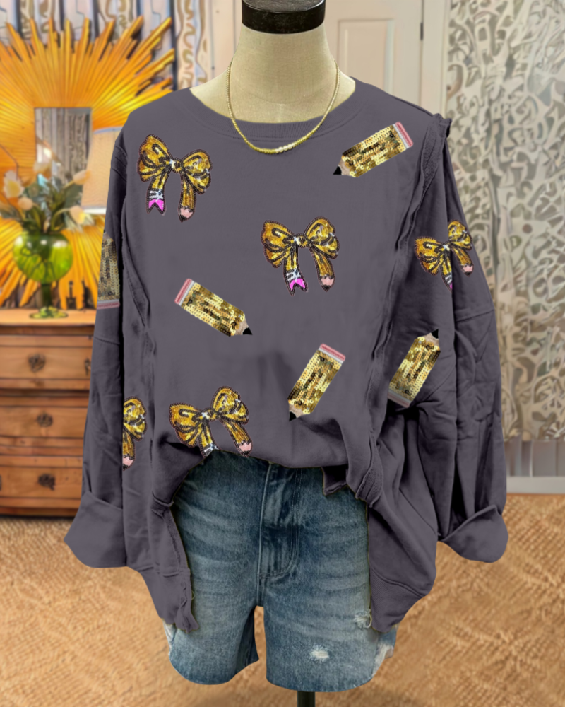 Oversized Sequin Bow Pencil Sweatshirt