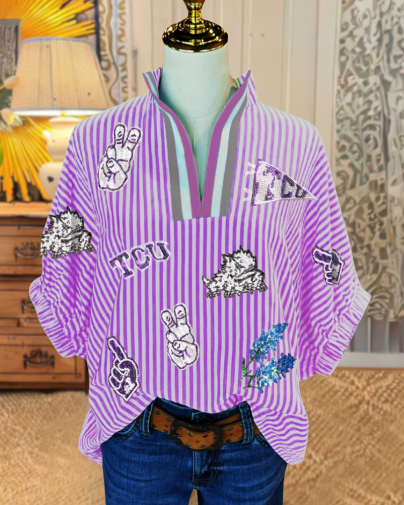 TCU Striped Sequined V-neck Top