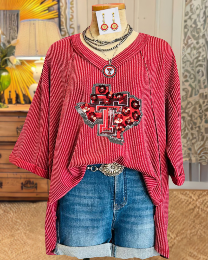 Texas Tech Sequined Ribbed Top