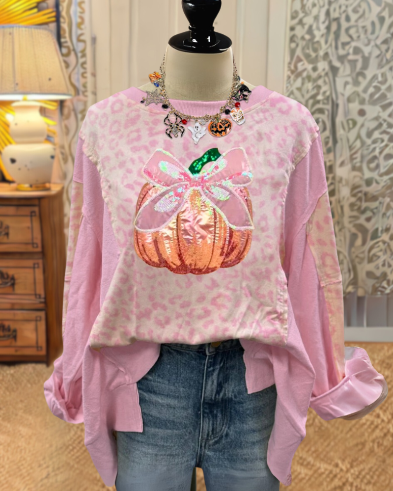 Leopard Bow Pumpkin Sequined Sweatshirt