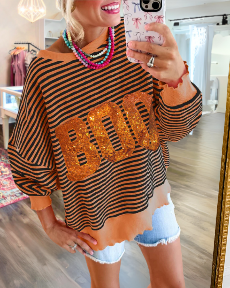 BOO Sequin Striped Sweatshirt