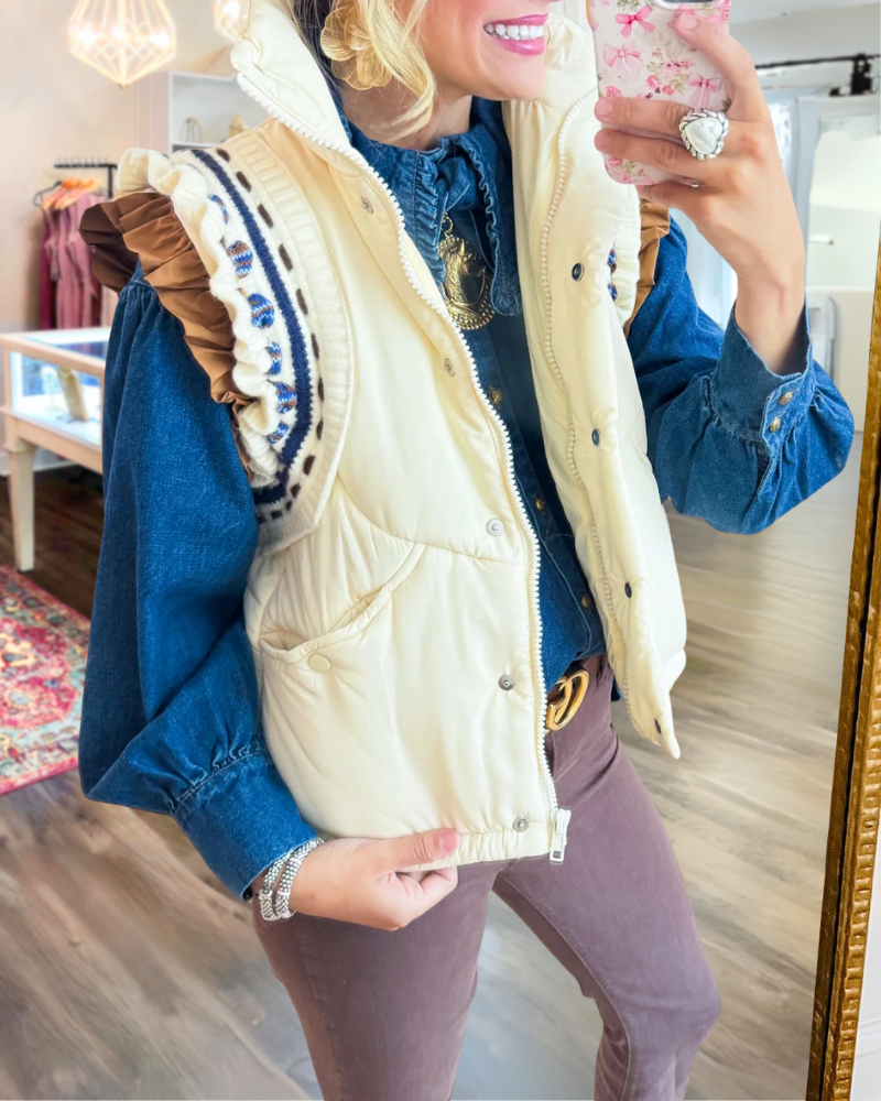 Ruffled Zippered Padded Jacket Vest