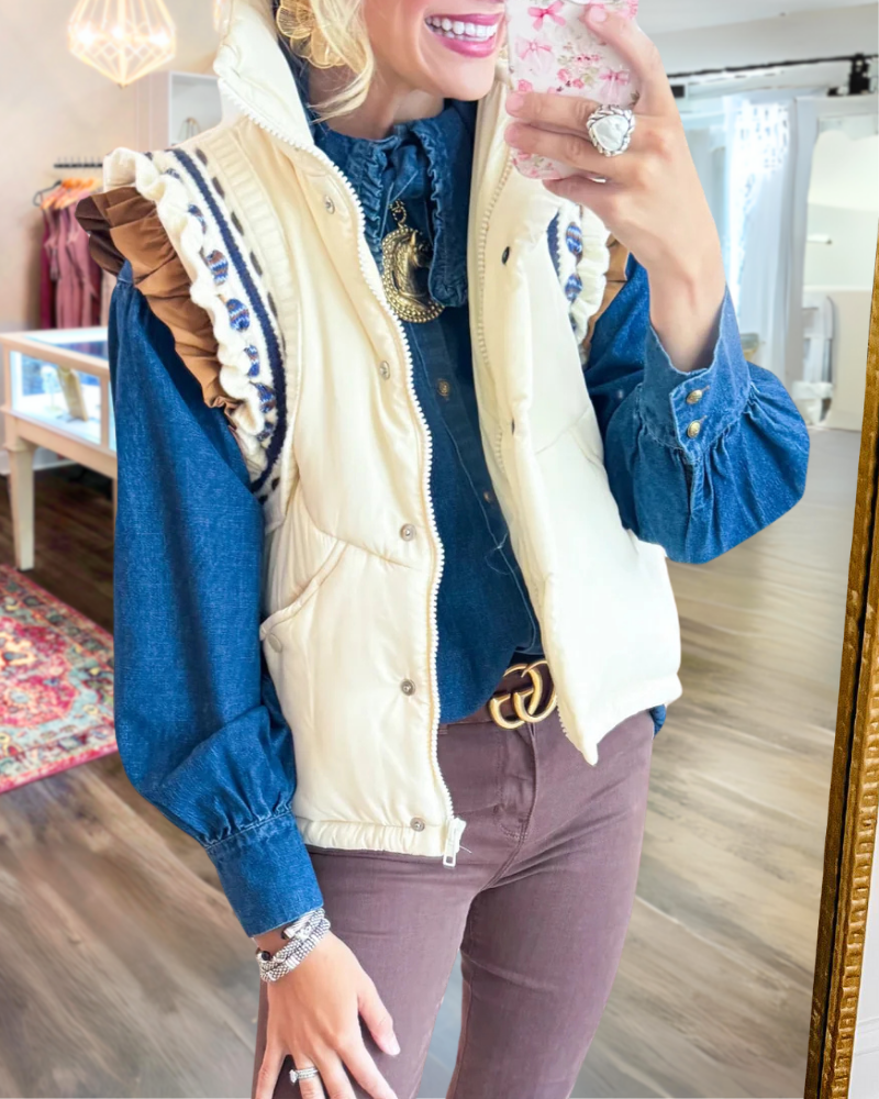 Ruffled Zippered Padded Jacket Vest
