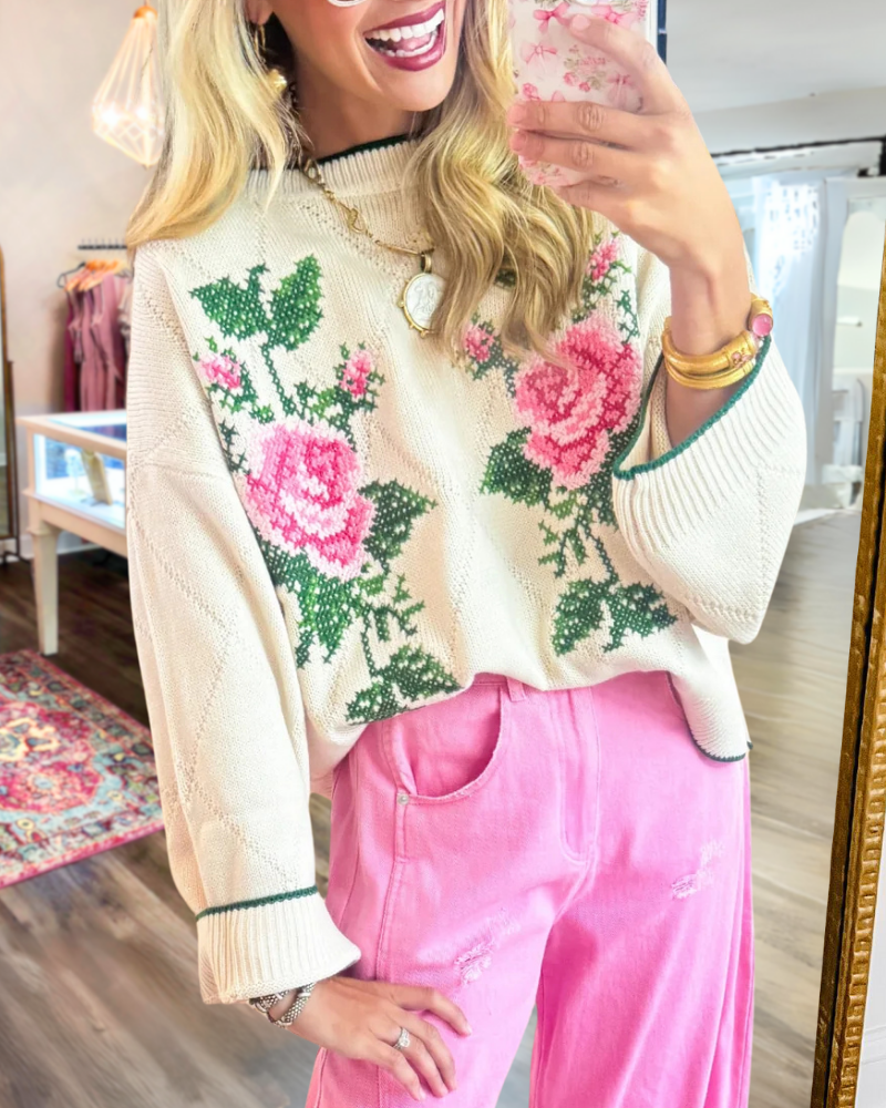 Charming Floral Knitted Sweater