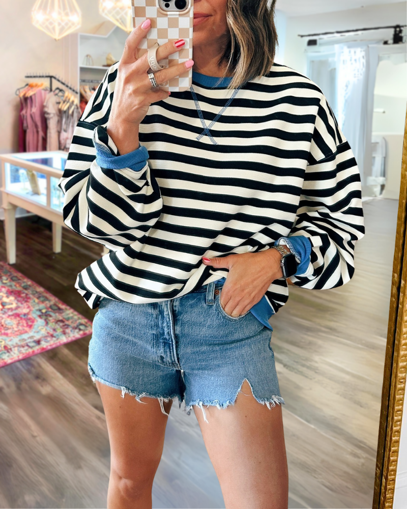 Classic Contrast Trim Striped Sweatshirt