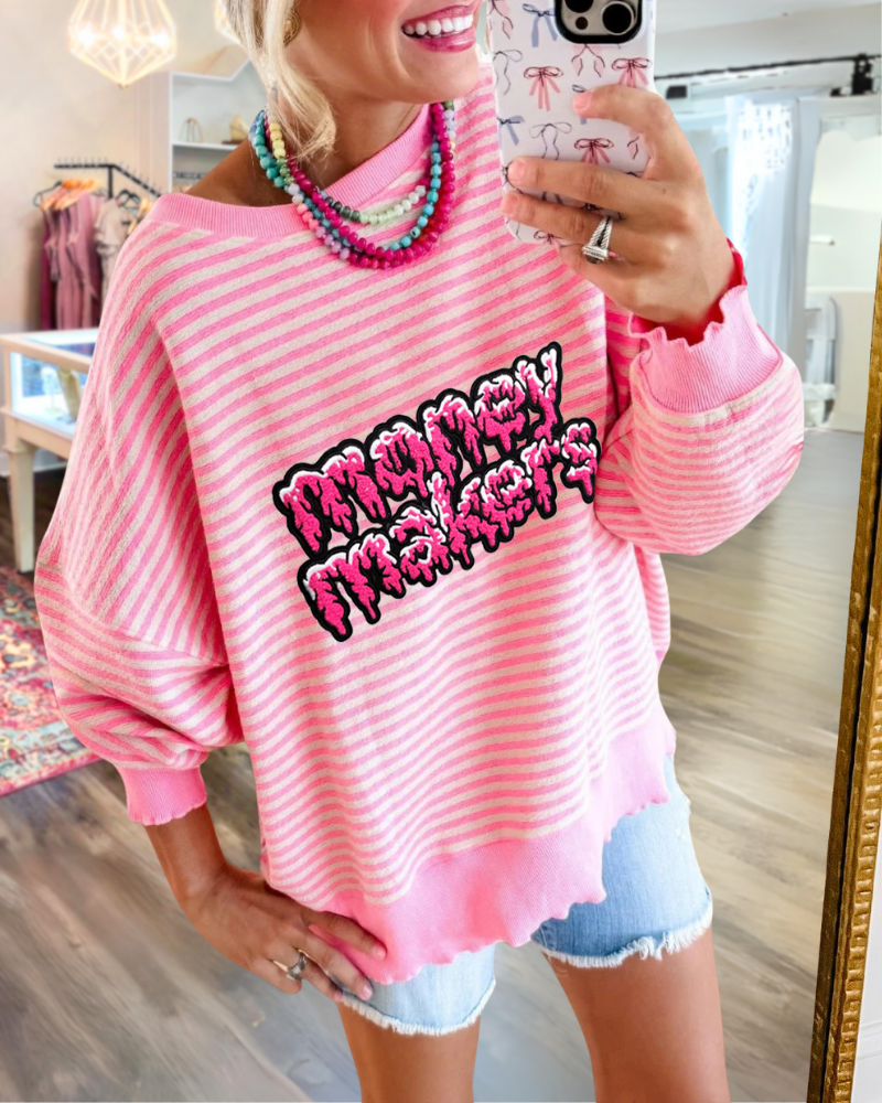 Money Makers Embroidered Striped Sweatshirt