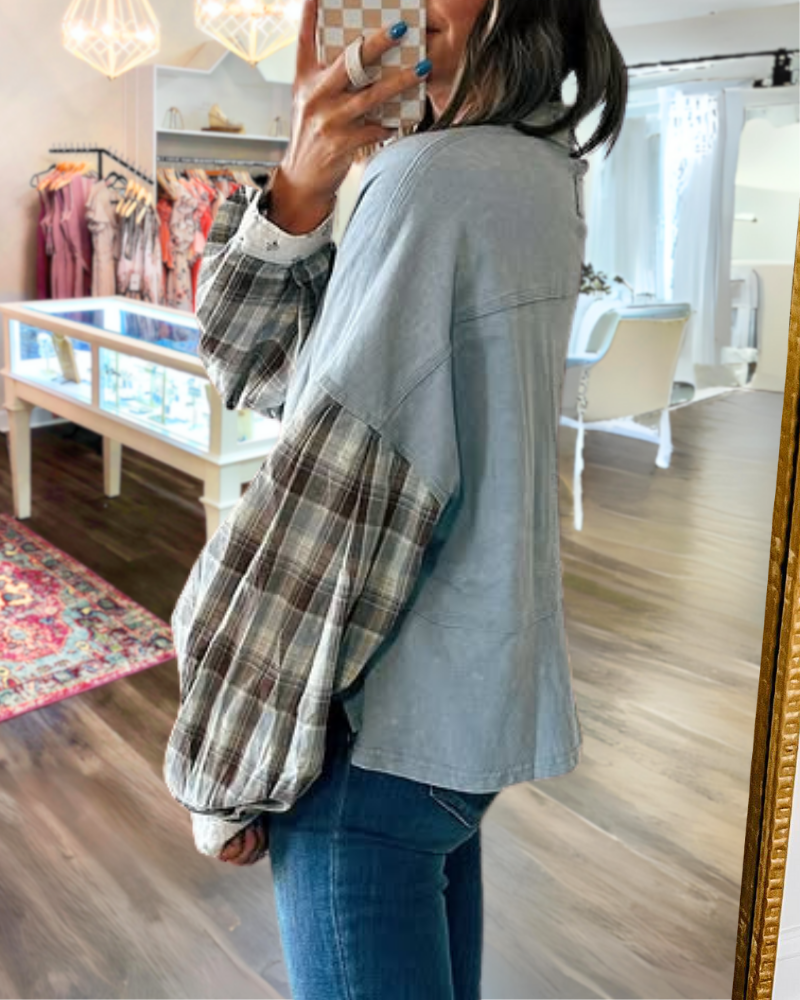 Floral Trim Plaid Sleeve Top