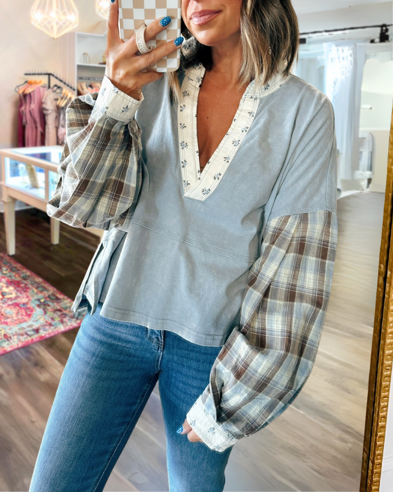 Floral Trim Plaid Sleeve Top