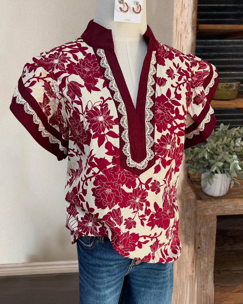 Elegant Floral Satin V-Neck Top