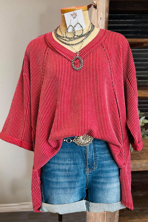 Oversized Ribbed V-neck Top