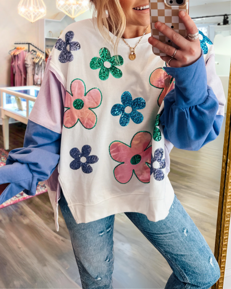 Floral Sequin Colorblock Sweatshirt