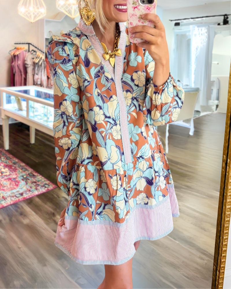 Glamour Floral Stripe Trim Satin Dress