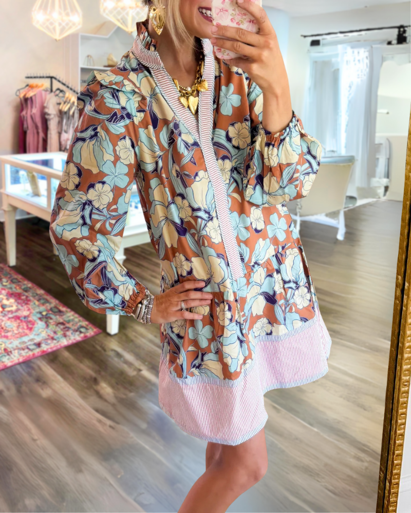 Glamour Floral Stripe Trim Satin Dress