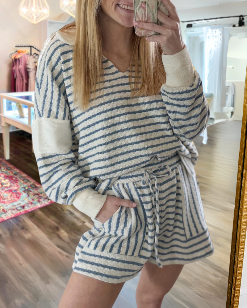 Casual Striped Pullover Shorts Set