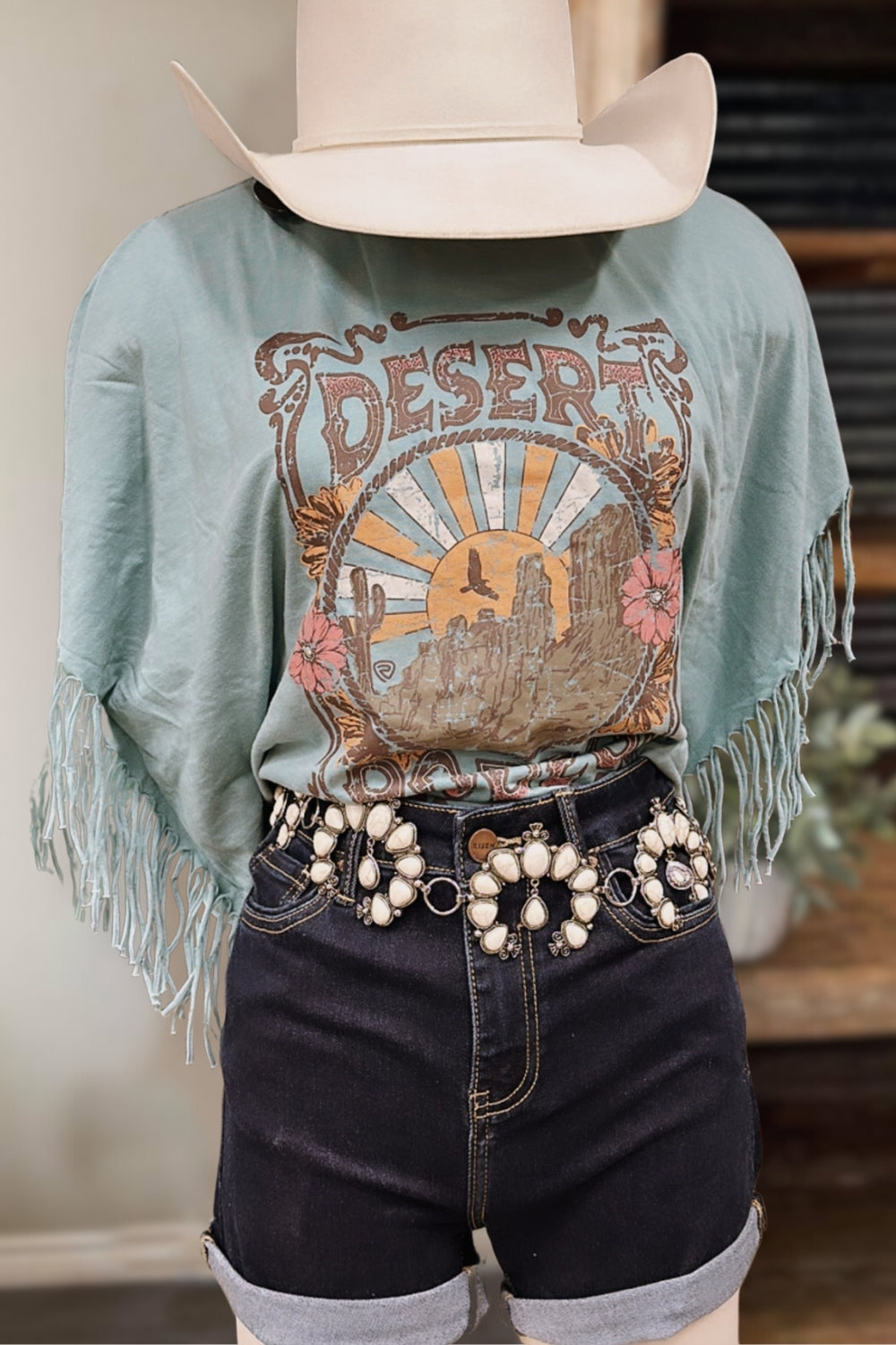 Desert Rodeo Sky Blue Fringed T-Shirt