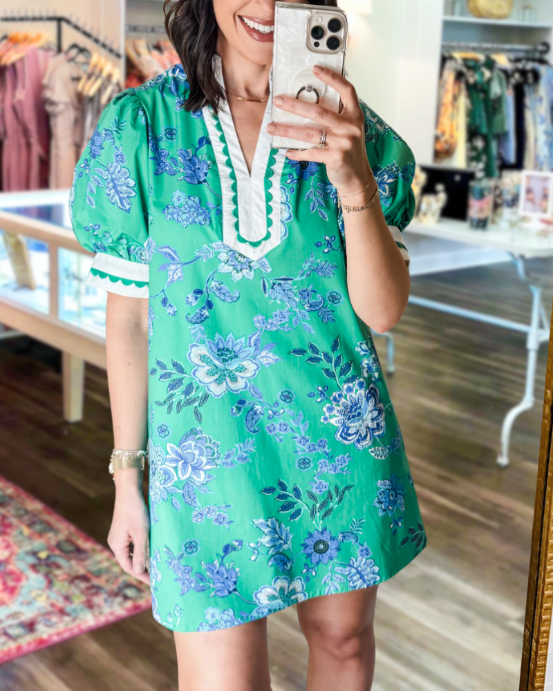 Floral Embroidered Wavy Trim Dress