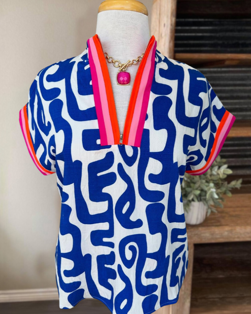 Striped Trim Abstract Print Top