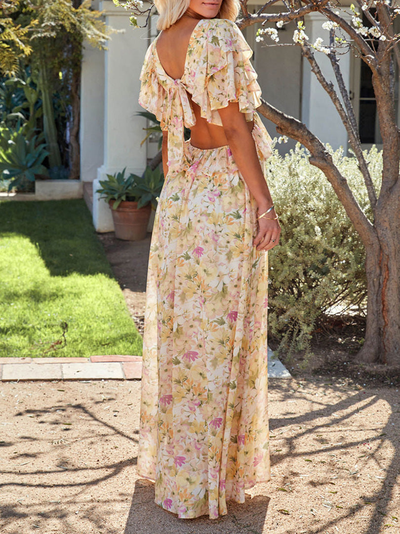 FLORAL RUFFLE CUTOUT MAXI DRESS